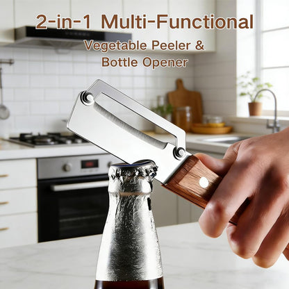 Premium Vegetable Peeler with Wooden Handle and Bottle Opener: 2-in-1 Stainless Steel Kitchen Tool for Fruit Apple Potato Pumpkin Papaya (1 PCS)