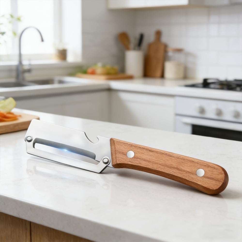 Premium Vegetable Peeler with Wooden Handle and Bottle Opener: 2-in-1 Stainless Steel Kitchen Tool for Fruit Apple Potato Pumpkin Papaya (1 PCS)
