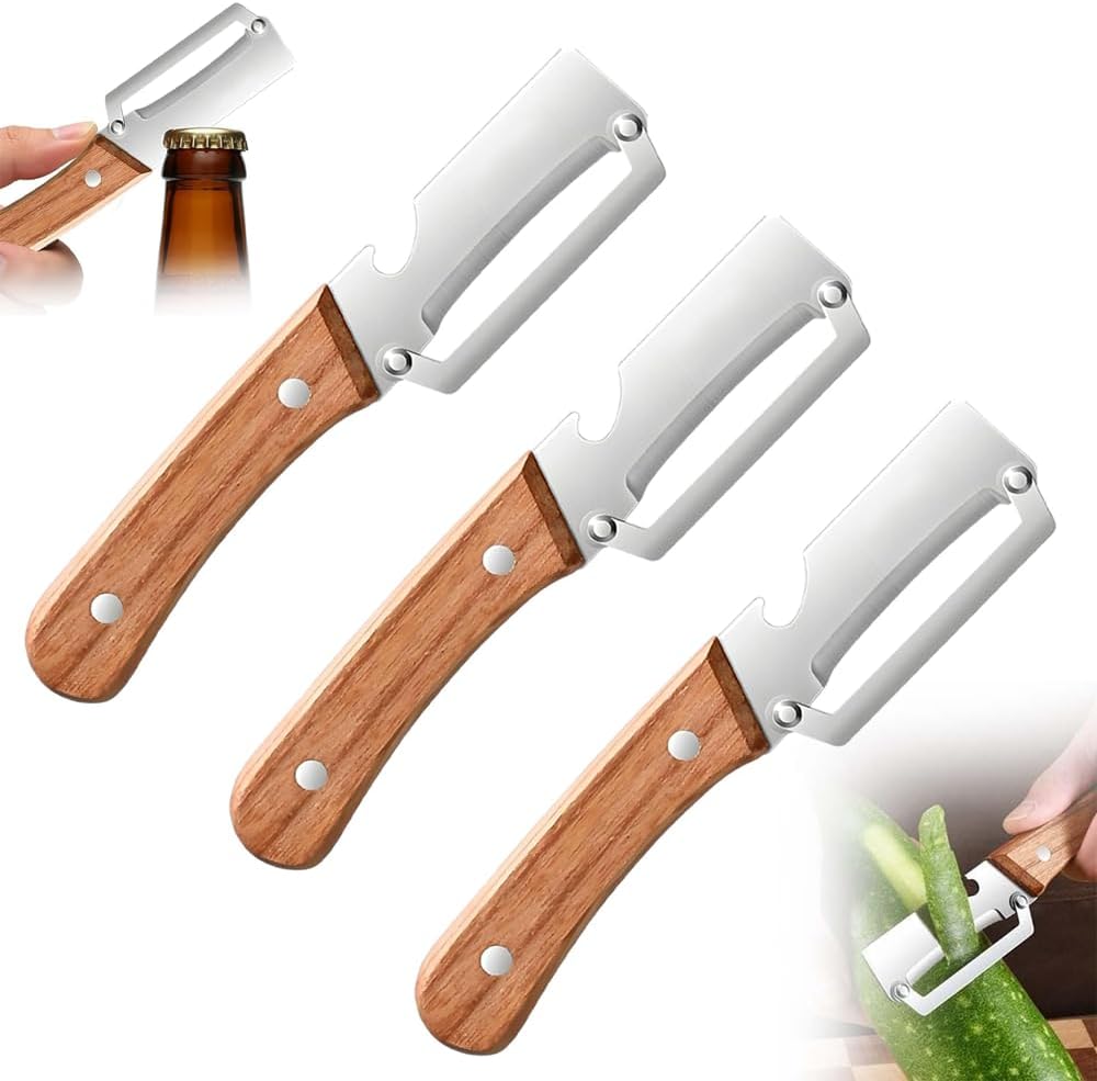 Premium Vegetable Peeler with Wooden Handle and Bottle Opener: 2-in-1 Stainless Steel Kitchen Tool for Fruit Apple Potato Pumpkin Papaya (1 PCS)