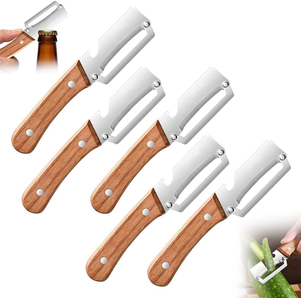 Premium Vegetable Peeler with Wooden Handle and Bottle Opener: 2-in-1 Stainless Steel Kitchen Tool for Fruit Apple Potato Pumpkin Papaya (1 PCS)