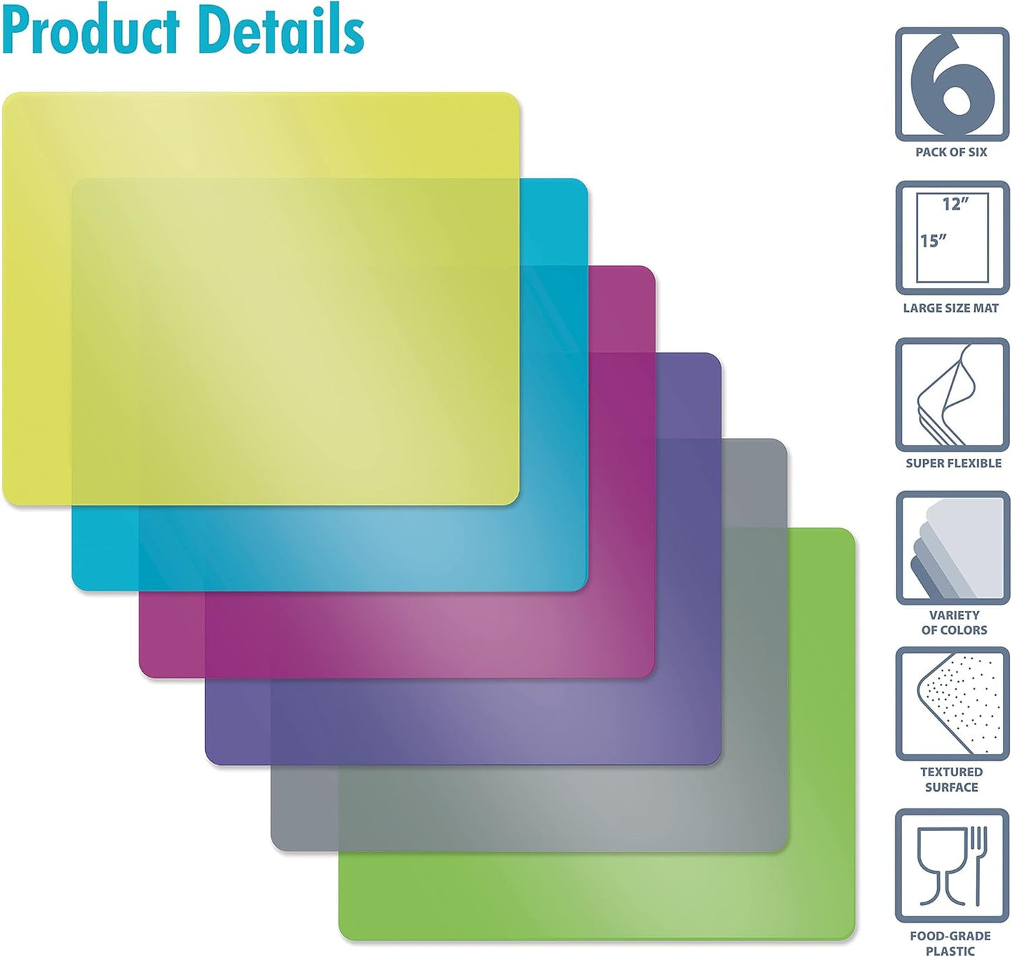 Flexible Plastic Cutting Board Mats, Set of 6, Textured, 6 Vivid, Translucent Colors Assorted