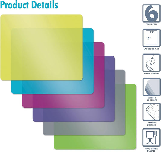 Flexible Plastic Cutting Board Mats, Set of 6, Textured, 6 Vivid, Translucent Colors Assorted