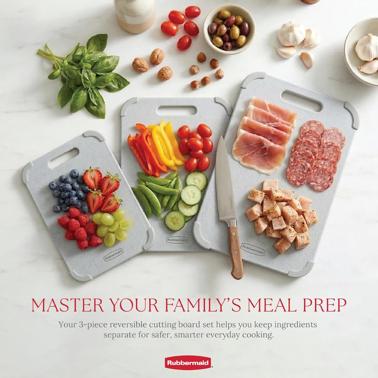 3pc Reversible Wheat Fiber Cutting Board Set | BPA Free Non Toxic Cutting Boards for Kitchen – Dishwasher Safe, Non-Slip Corners & Lightweight | For Meat, Veggies & Fruits