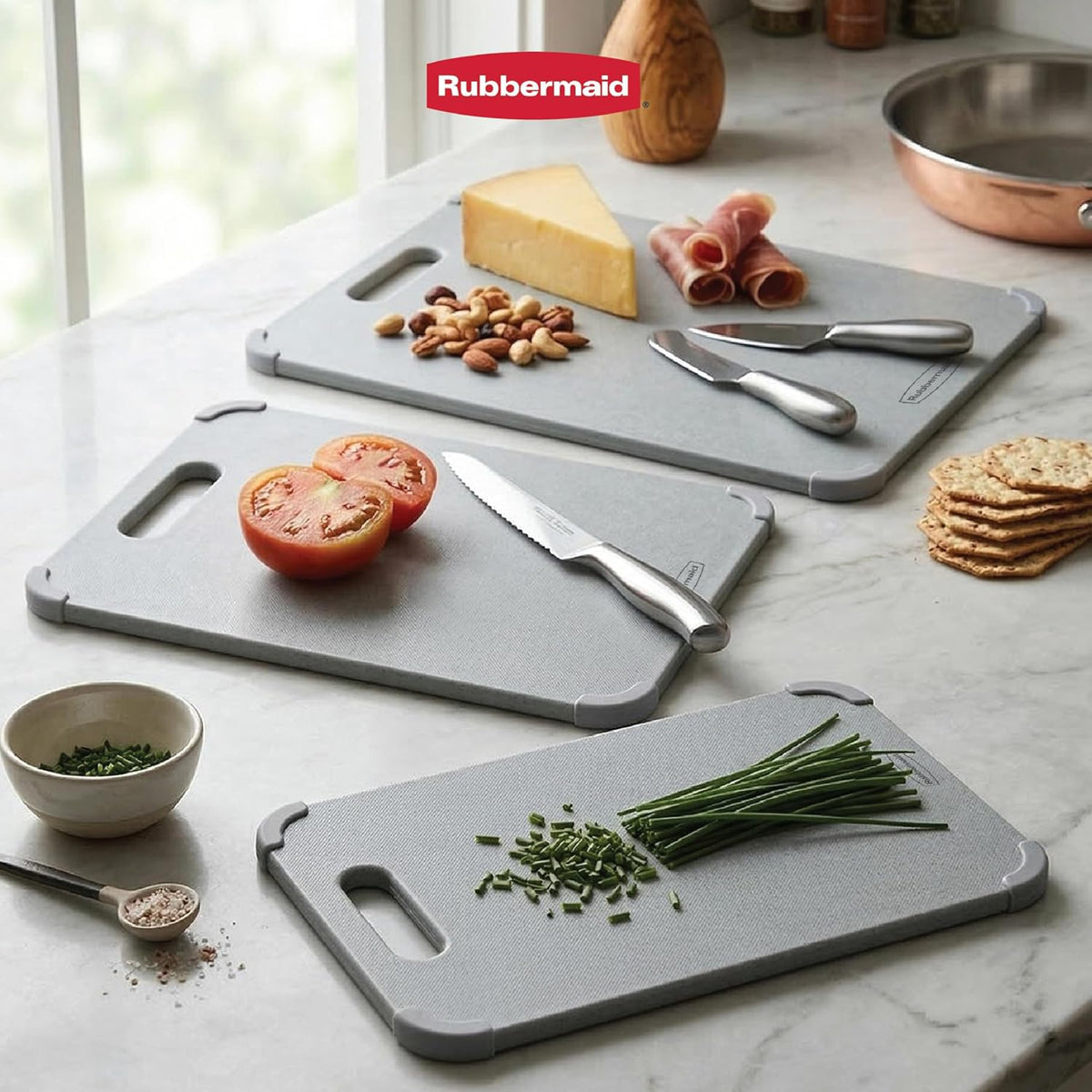 3pc Reversible Wheat Fiber Cutting Board Set | BPA Free Non Toxic Cutting Boards for Kitchen – Dishwasher Safe, Non-Slip Corners & Lightweight | For Meat, Veggies & Fruits