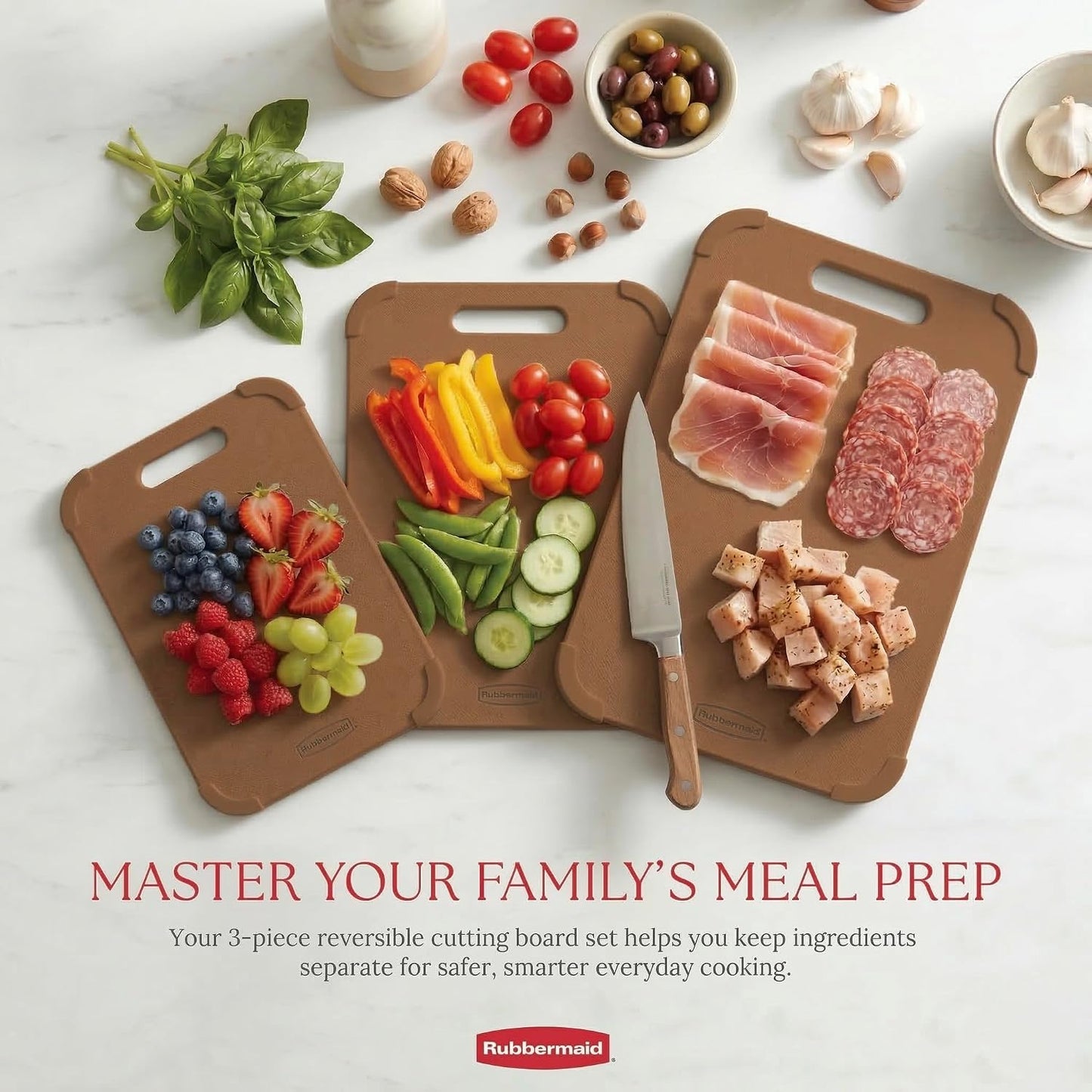 3pc Reversible Wheat Fiber Cutting Board Set | BPA Free Non Toxic Cutting Boards for Kitchen – Dishwasher Safe, Non-Slip Corners & Lightweight | For Meat, Veggies & Fruits