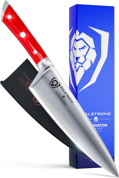 Chef Knife - 8 inch Blade - Gladiator Series - Forged High Carbon German Steel - Razor Sharp Kitchen Knife - Professional Full Tang Knives - Crimson Red Handle ABS - Sheath - NSF Certified