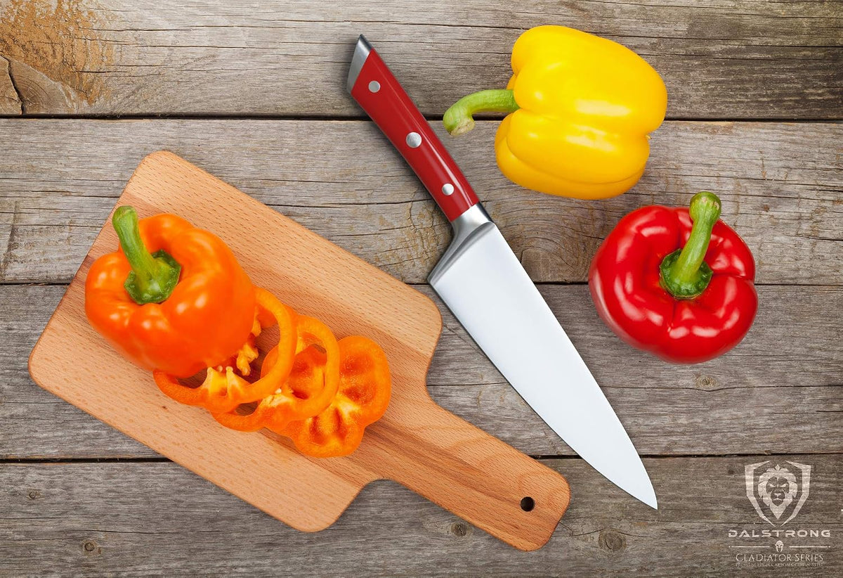 Chef Knife - 8 inch Blade - Gladiator Series - Forged High Carbon German Steel - Razor Sharp Kitchen Knife - Professional Full Tang Knives - Crimson Red Handle ABS - Sheath - NSF Certified