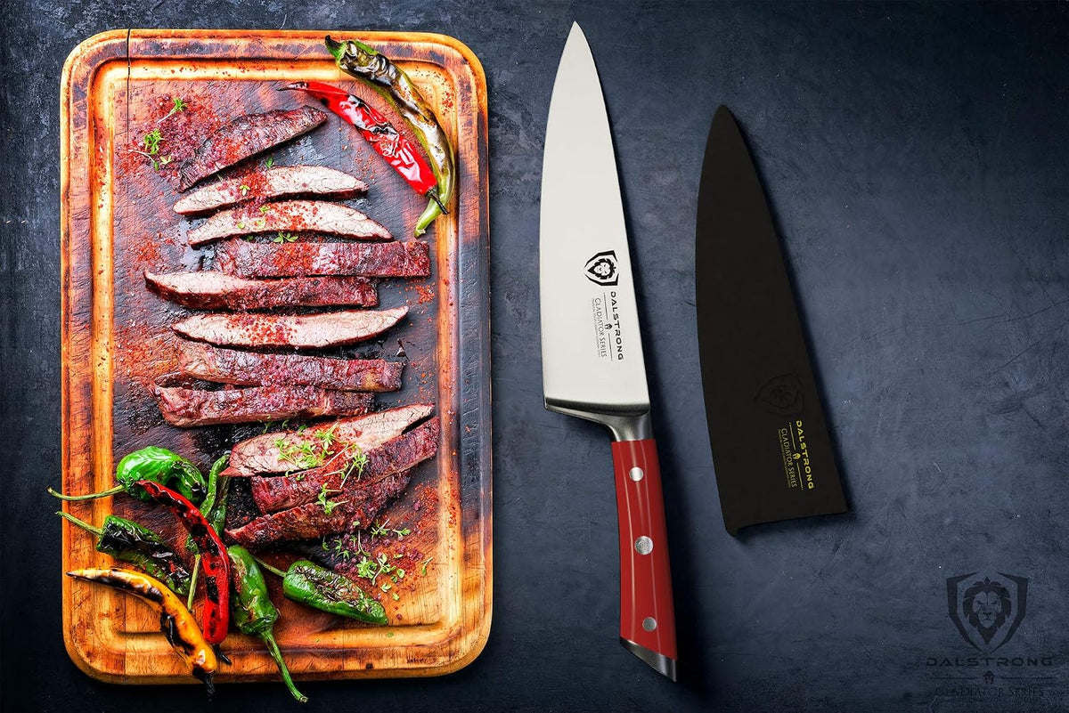 Chef Knife - 8 inch Blade - Gladiator Series - Forged High Carbon German Steel - Razor Sharp Kitchen Knife - Professional Full Tang Knives - Crimson Red Handle ABS - Sheath - NSF Certified