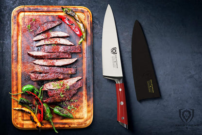 Chef Knife - 8 inch Blade - Gladiator Series - Forged High Carbon German Steel - Razor Sharp Kitchen Knife - Professional Full Tang Knives - Crimson Red Handle ABS - Sheath - NSF Certified