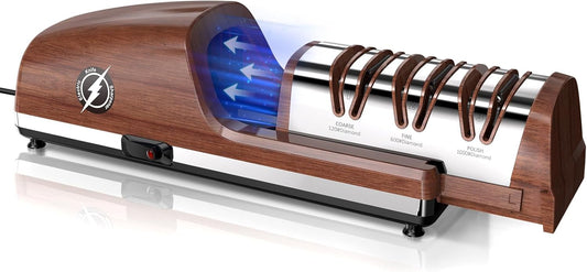 Replaceable Sharpener Electric Knife Sharpener, 3-Stage with 100% Diamond Abrasives & Precision Angle Guides, Kitchen Knife Sharpener with Sharpening and Polishing Function (Dark oak wood grain)