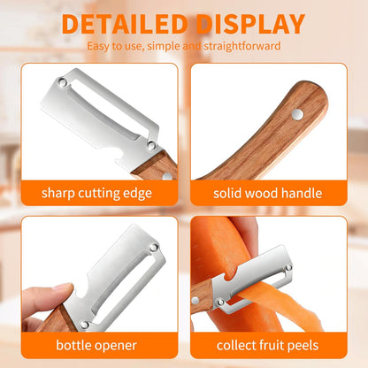 Vegetable Peeler for Kitchen, Stainless Steel Blade with Wooden Handle | 2-in-1 MultiFunctional Fruit Vegetable Peeler, Sharp Wide Blade, Anti-Slip, Bottle Opener, for Potato Apple Pumpkin Prep