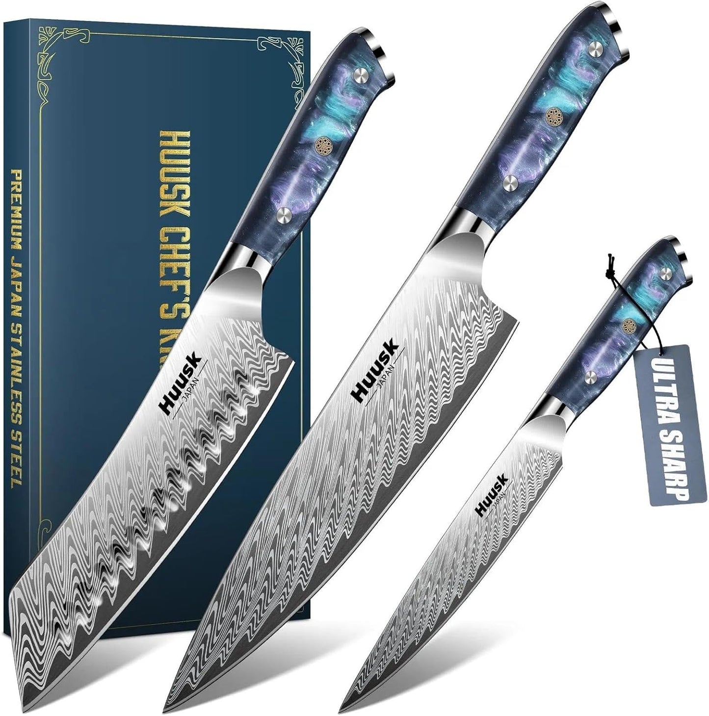 Huusk Japanese Knife Set 3 PCS - Stainless Chef Knife Set with Sheath | Hand Sharpened Full Tang Professional Kitchen Knives for All Purpose, Ergonomic Resin Handle, Gift Idea for Men Dad