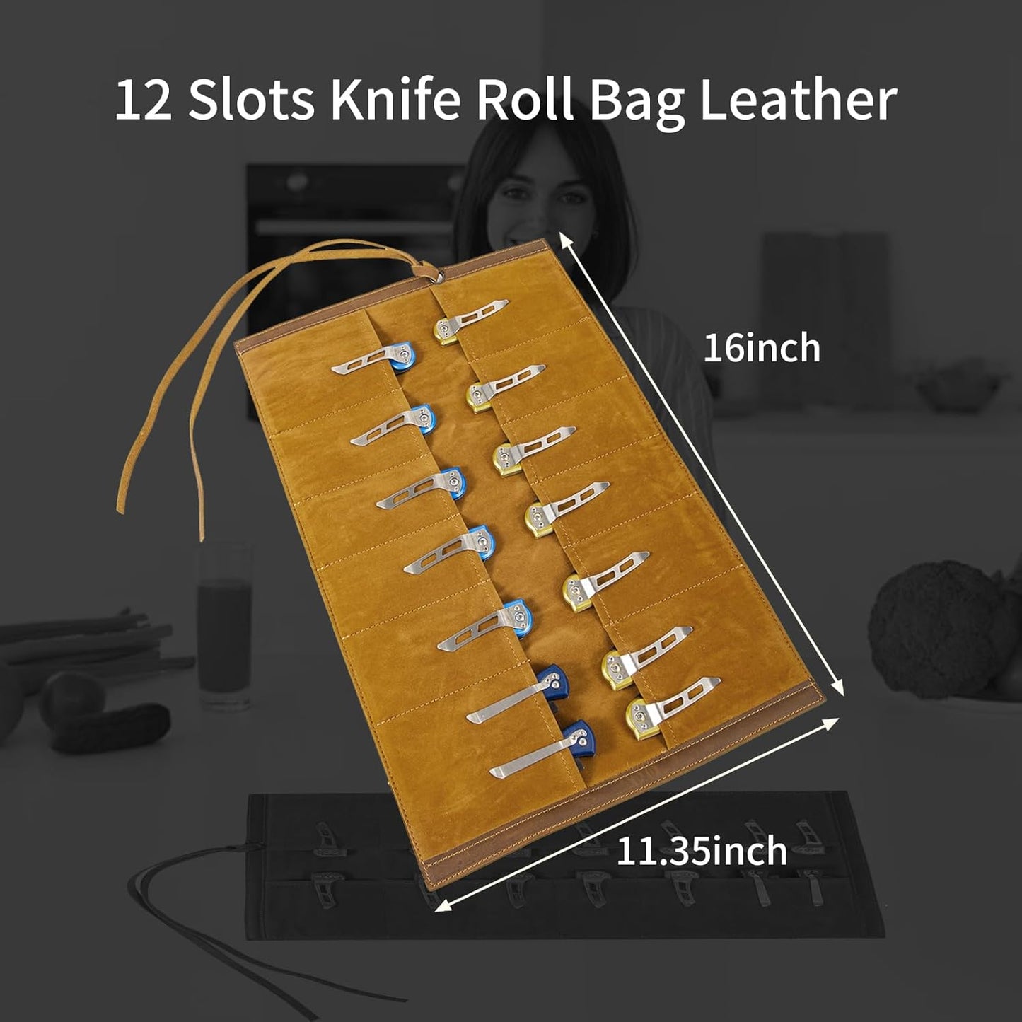Leather Knife Display Bag with 12 Slots Pocket Knives,Folding Knife Holder Organizer,Tactical Outdoor for EDC Mini Knife Bags, Leather Knife roll Collection Protector Bag (Brown)
