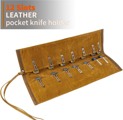 Leather Knife Display Bag with 12 Slots Pocket Knives,Folding Knife Holder Organizer,Tactical Outdoor for EDC Mini Knife Bags, Leather Knife roll Collection Protector Bag (Brown)