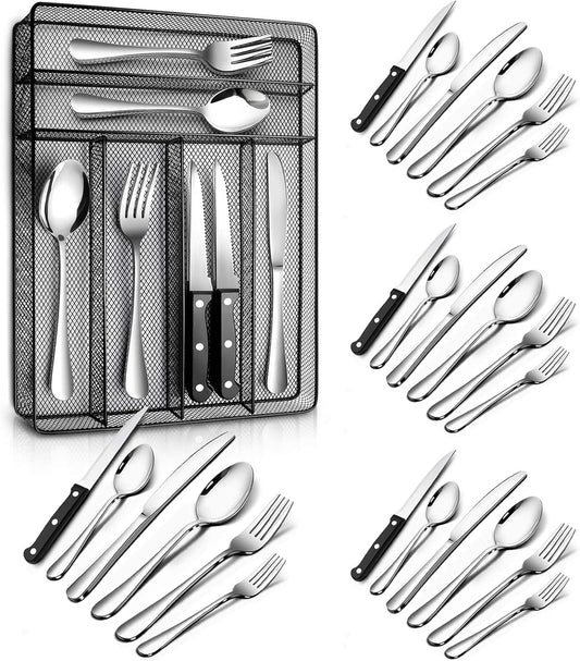 24 Piece Silverware Set, Flatware Utensils Set Mirror Polished, Dishwasher Safe Service for 4, Include Knife/Fork/Spoon/Steak Knife/Wire Mesh Steel Cutlery Holder Storage Trays (Black Tray)