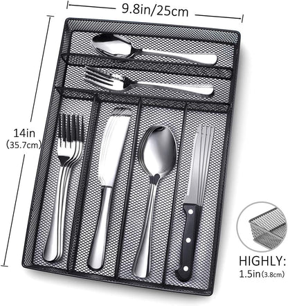 24 Piece Silverware Set, Flatware Utensils Set Mirror Polished, Dishwasher Safe Service for 4, Include Knife/Fork/Spoon/Steak Knife/Wire Mesh Steel Cutlery Holder Storage Trays (Black Tray)