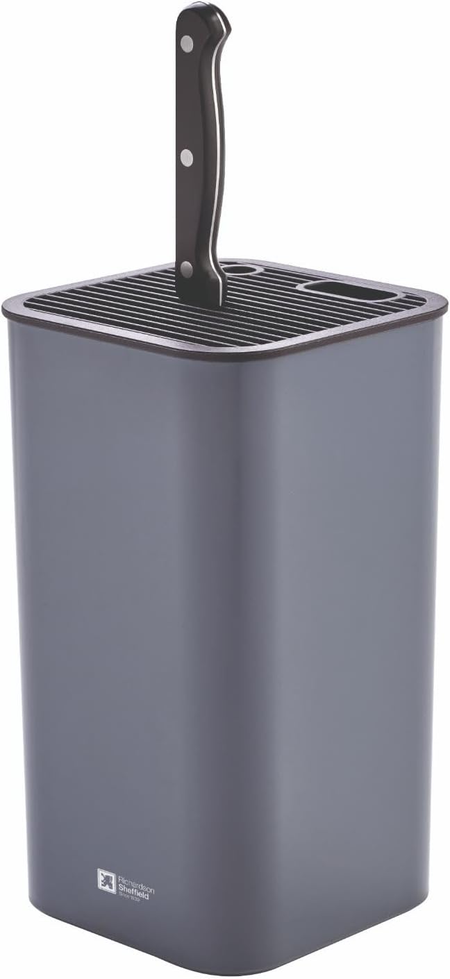 Knife Block Grey, Universal Block for Knives, with Flexible Grid, Space for Scissors and Sharpener, Non-Slip