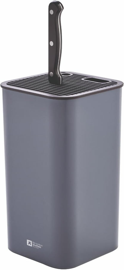 Knife Block Grey, Universal Block for Knives, with Flexible Grid, Space for Scissors and Sharpener, Non-Slip