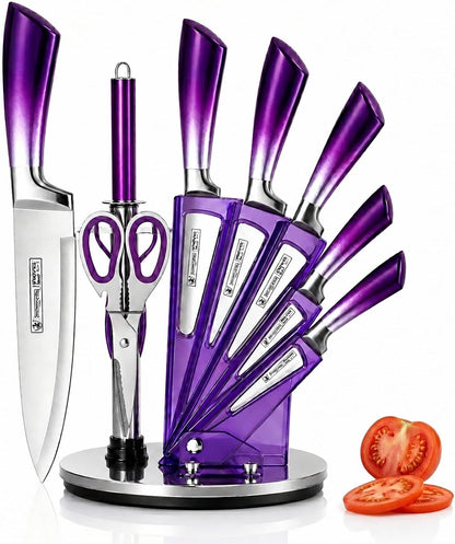 9Pcs Elegant Purple Kitchen Knife Set with Rotation Block,Gift for Women | Knife Set Non Rust Sharp Stainless Steel Chef Knives,Ergonomical Handle,Modern Kitchen