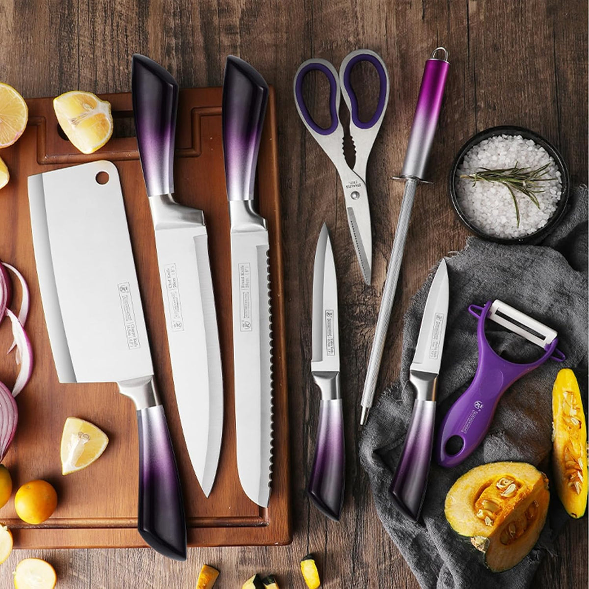 9Pcs Elegant Purple Kitchen Knife Set with Rotation Block,Gift for Women | Knife Set Non Rust Sharp Stainless Steel Chef Knives,Ergonomical Handle,Modern Kitchen