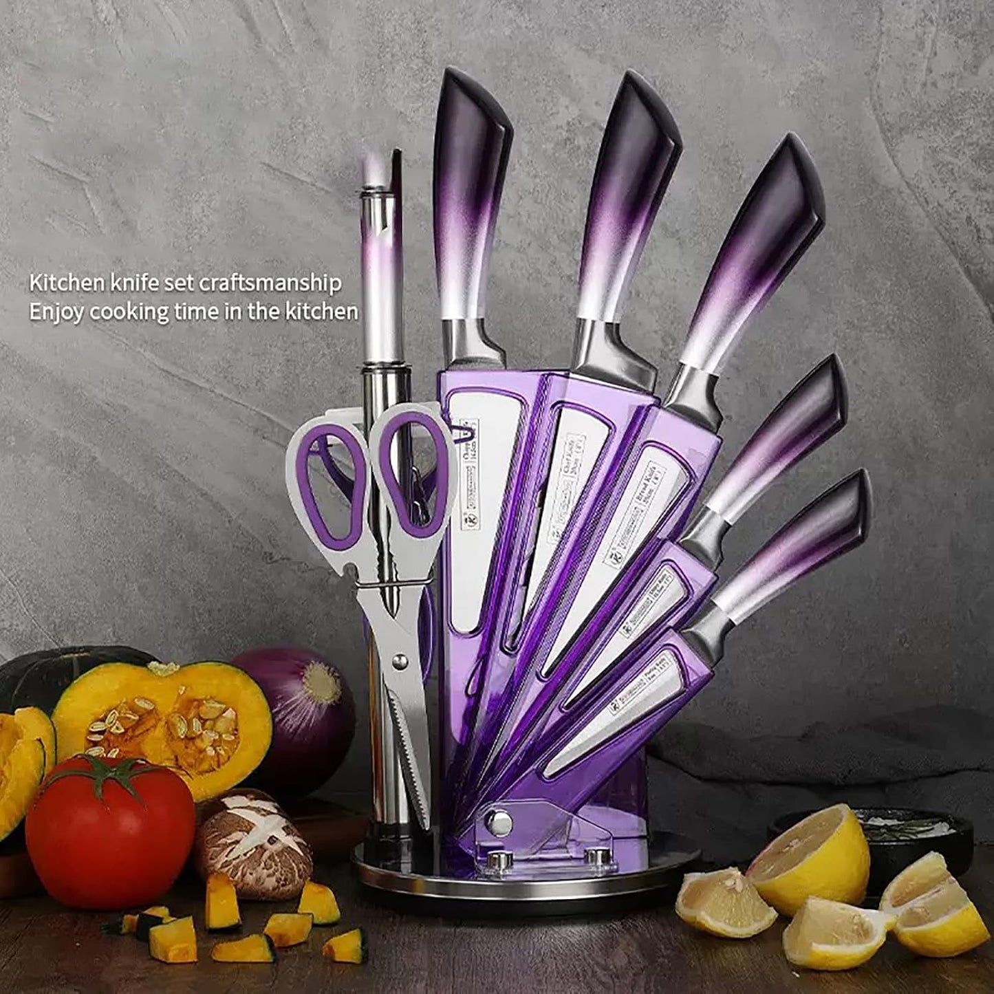 9Pcs Elegant Purple Kitchen Knife Set with Rotation Block,Gift for Women | Knife Set Non Rust Sharp Stainless Steel Chef Knives,Ergonomical Handle,Modern Kitchen