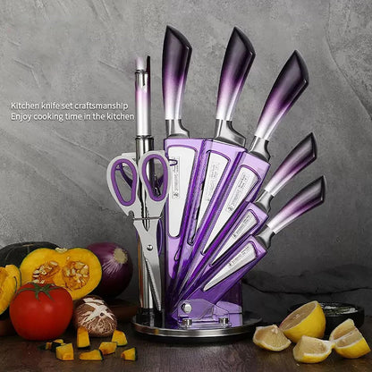 9Pcs Elegant Purple Kitchen Knife Set with Rotation Block,Gift for Women | Knife Set Non Rust Sharp Stainless Steel Chef Knives,Ergonomical Handle,Modern Kitchen