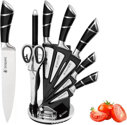 9Pcs Elegant Purple Kitchen Knife Set with Rotation Block,Gift for Women | Knife Set Non Rust Sharp Stainless Steel Chef Knives,Ergonomical Handle,Modern Kitchen