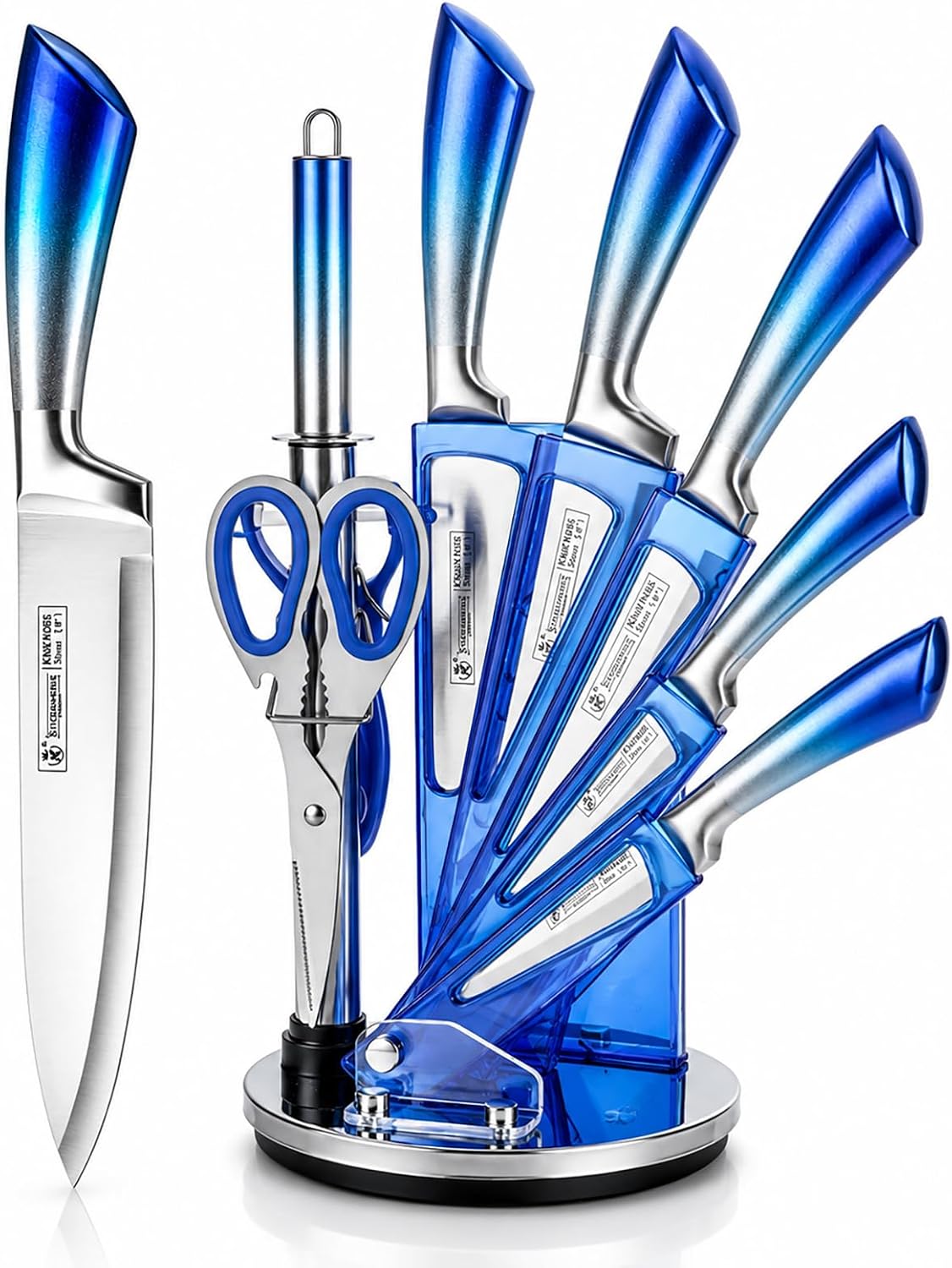 9Pcs Elegant Purple Kitchen Knife Set with Rotation Block,Gift for Women | Knife Set Non Rust Sharp Stainless Steel Chef Knives,Ergonomical Handle,Modern Kitchen