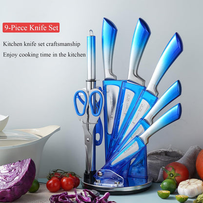 9Pcs Elegant Purple Kitchen Knife Set with Rotation Block,Gift for Women | Knife Set Non Rust Sharp Stainless Steel Chef Knives,Ergonomical Handle,Modern Kitchen