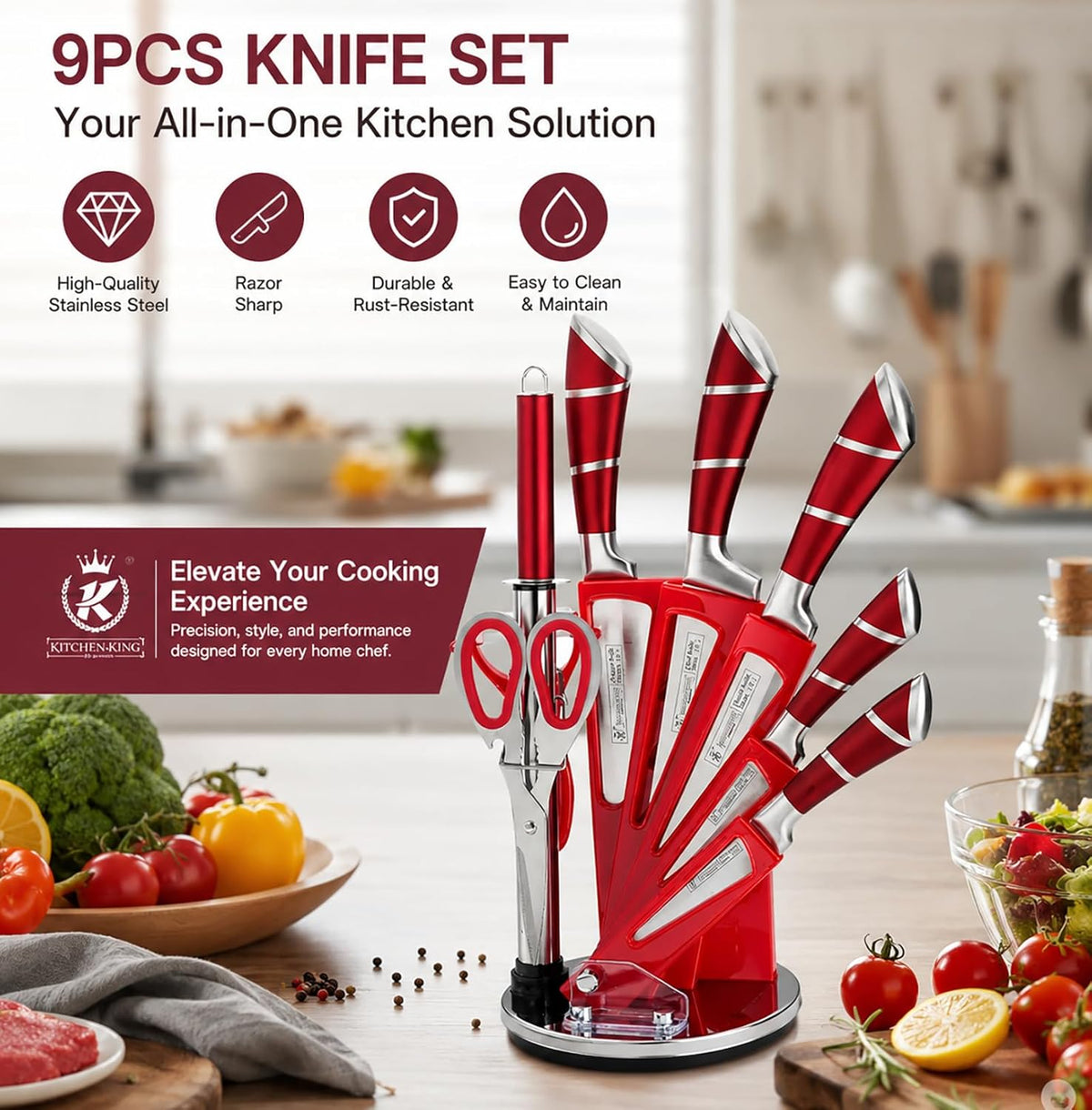 9Pcs Elegant Purple Kitchen Knife Set with Rotation Block,Gift for Women | Knife Set Non Rust Sharp Stainless Steel Chef Knives,Ergonomical Handle,Modern Kitchen