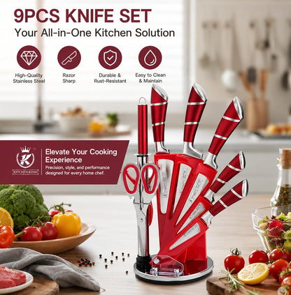 9Pcs Elegant Purple Kitchen Knife Set with Rotation Block,Gift for Women | Knife Set Non Rust Sharp Stainless Steel Chef Knives,Ergonomical Handle,Modern Kitchen