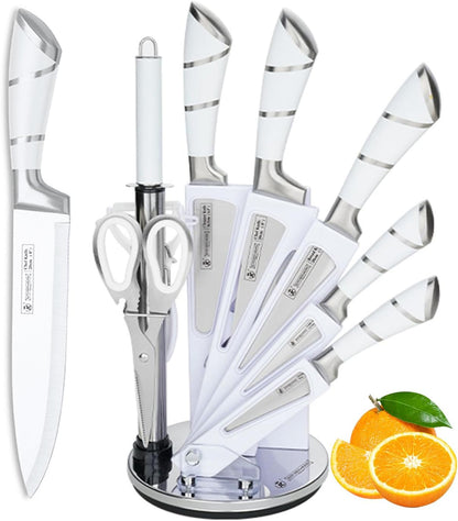9Pcs Elegant Purple Kitchen Knife Set with Rotation Block,Gift for Women | Knife Set Non Rust Sharp Stainless Steel Chef Knives,Ergonomical Handle,Modern Kitchen