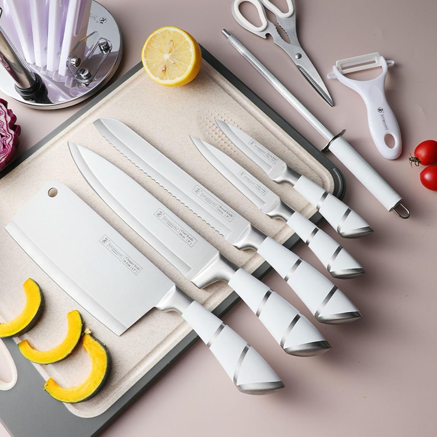 9Pcs Elegant Purple Kitchen Knife Set with Rotation Block,Gift for Women | Knife Set Non Rust Sharp Stainless Steel Chef Knives,Ergonomical Handle,Modern Kitchen