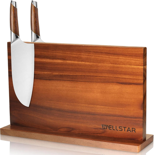 Extra Large Acacia Magnetic Knife Block 16x10 Inches, Dual-Sided Wood Stand | Strong Magnet Knife Holder, Luxurious Kitchen Counter Rack Organizer for Stable and Stylish Cutlery Display for Home