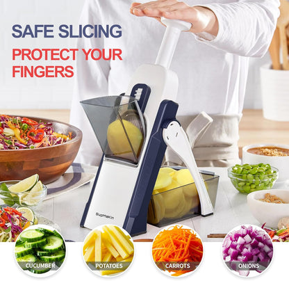 SupMaKin Safe Mandoline Slicer for Kitchen,Adjustable Potato Slicer 1-8 mm | 4 Modes Slice, Strips,Julienne Dicer,Vegetables Slicer Fry Food Cutter,Stainless Steel Blades, Foldable Dishwasher Safe,Gifts