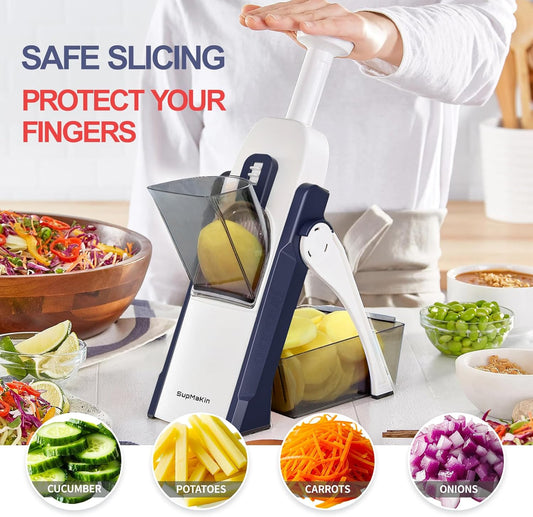 SupMaKin Safe Mandoline Slicer for Kitchen,Adjustable Potato Slicer 1-8 mm | 4 Modes Slice, Strips,Julienne Dicer,Vegetables Slicer Fry Food Cutter,Stainless Steel Blades, Foldable Dishwasher Safe,Gifts