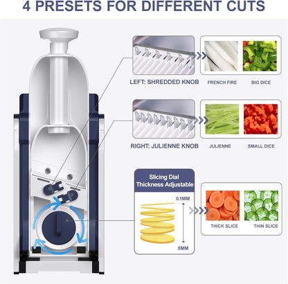 SupMaKin Safe Mandoline Slicer for Kitchen,Adjustable Potato Slicer 1-8 mm | 4 Modes Slice, Strips,Julienne Dicer,Vegetables Slicer Fry Food Cutter,Stainless Steel Blades, Foldable Dishwasher Safe,Gifts