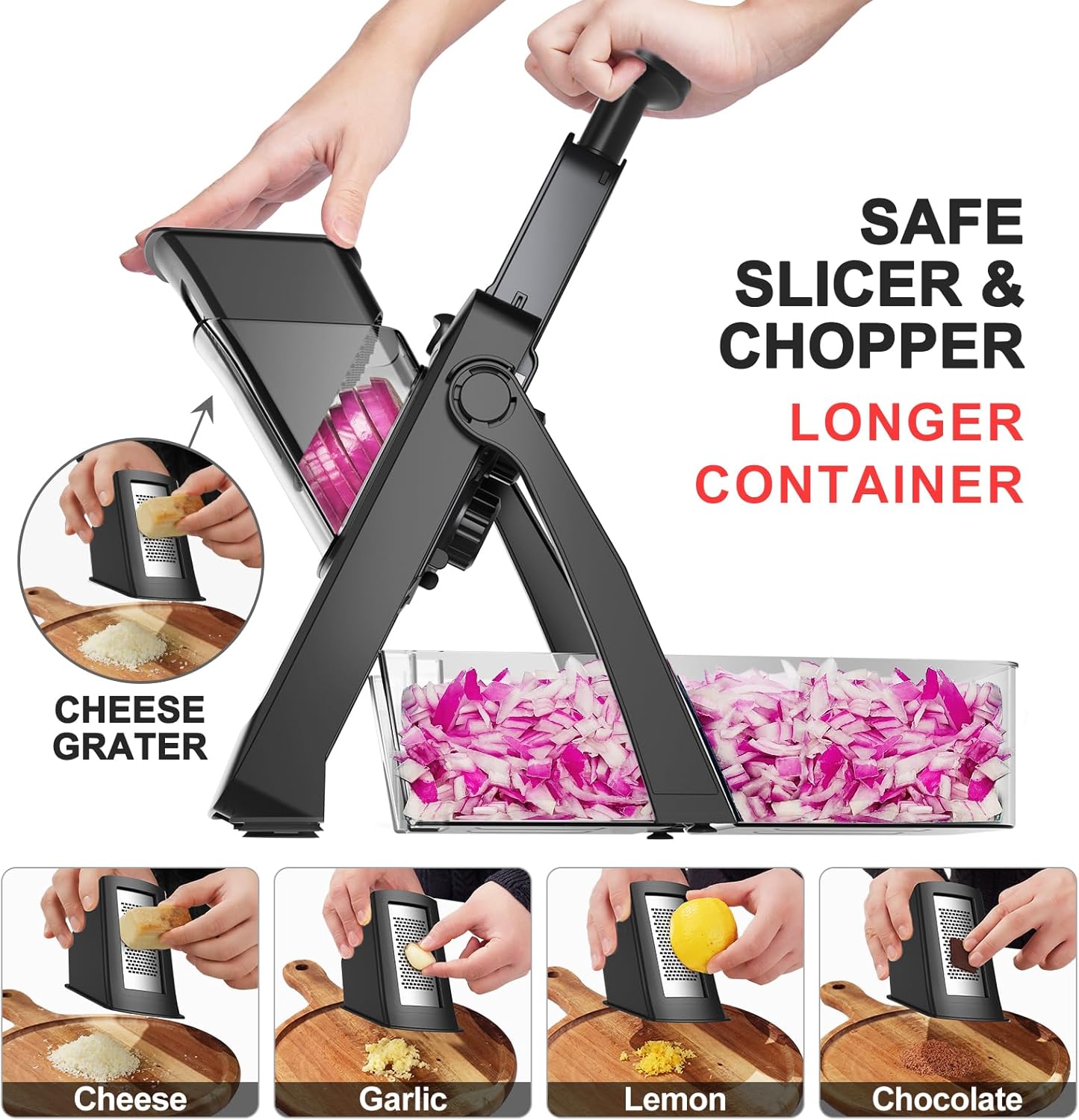 SupMaKin Safe Mandoline Slicer for Kitchen,Adjustable Potato Slicer 1-8 mm | 4 Modes Slice, Strips,Julienne Dicer,Vegetables Slicer Fry Food Cutter,Stainless Steel Blades, Foldable Dishwasher Safe,Gifts
