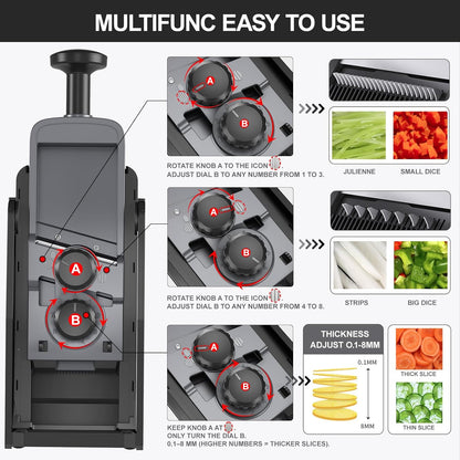 SupMaKin Safe Mandoline Slicer for Kitchen,Adjustable Potato Slicer 1-8 mm | 4 Modes Slice, Strips,Julienne Dicer,Vegetables Slicer Fry Food Cutter,Stainless Steel Blades, Foldable Dishwasher Safe,Gifts