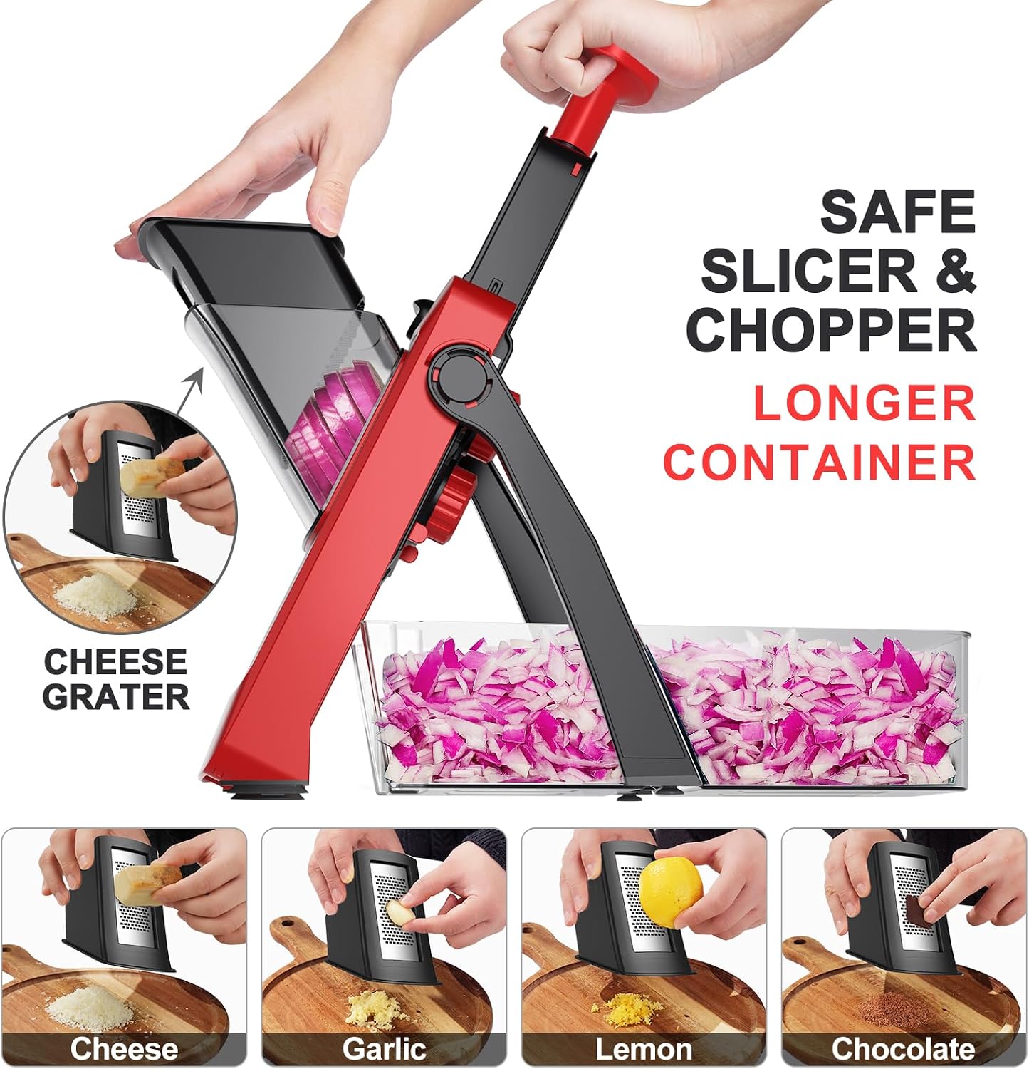 SupMaKin Safe Mandoline Slicer for Kitchen,Adjustable Potato Slicer 1-8 mm | 4 Modes Slice, Strips,Julienne Dicer,Vegetables Slicer Fry Food Cutter,Stainless Steel Blades, Foldable Dishwasher Safe,Gifts