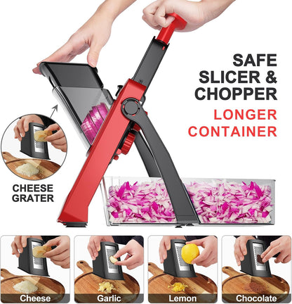 SupMaKin Safe Mandoline Slicer for Kitchen,Adjustable Potato Slicer 1-8 mm | 4 Modes Slice, Strips,Julienne Dicer,Vegetables Slicer Fry Food Cutter,Stainless Steel Blades, Foldable Dishwasher Safe,Gifts