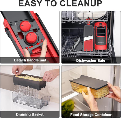 SupMaKin Safe Mandoline Slicer for Kitchen,Adjustable Potato Slicer 1-8 mm | 4 Modes Slice, Strips,Julienne Dicer,Vegetables Slicer Fry Food Cutter,Stainless Steel Blades, Foldable Dishwasher Safe,Gifts