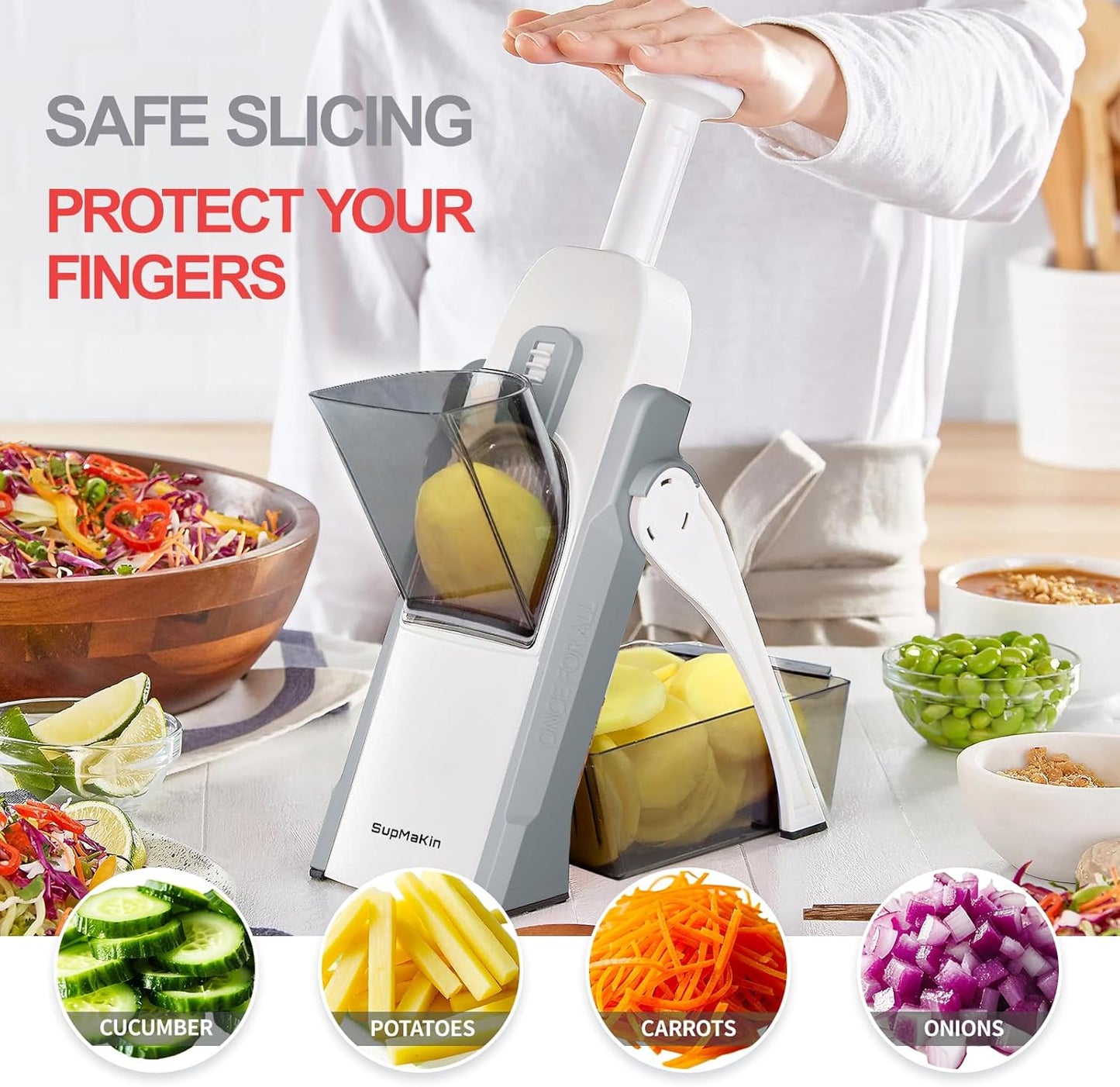 SupMaKin Safe Mandoline Slicer for Kitchen,Adjustable Potato Slicer 1-8 mm | 4 Modes Slice, Strips,Julienne Dicer,Vegetables Slicer Fry Food Cutter,Stainless Steel Blades, Foldable Dishwasher Safe,Gifts