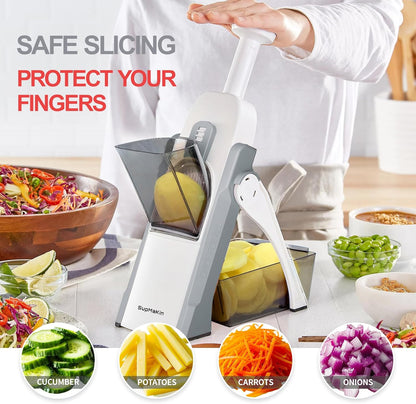 SupMaKin Safe Mandoline Slicer for Kitchen,Adjustable Potato Slicer 1-8 mm | 4 Modes Slice, Strips,Julienne Dicer,Vegetables Slicer Fry Food Cutter,Stainless Steel Blades, Foldable Dishwasher Safe,Gifts