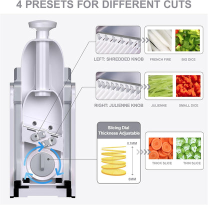SupMaKin Safe Mandoline Slicer for Kitchen,Adjustable Potato Slicer 1-8 mm | 4 Modes Slice, Strips,Julienne Dicer,Vegetables Slicer Fry Food Cutter,Stainless Steel Blades, Foldable Dishwasher Safe,Gifts
