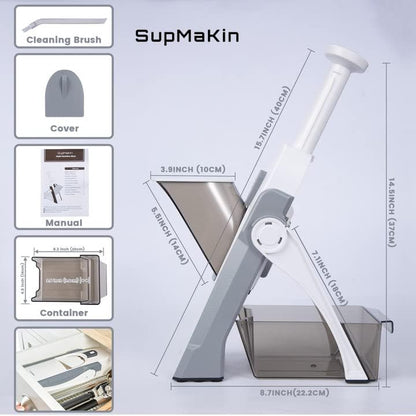 SupMaKin Safe Mandoline Slicer for Kitchen,Adjustable Potato Slicer 1-8 mm | 4 Modes Slice, Strips,Julienne Dicer,Vegetables Slicer Fry Food Cutter,Stainless Steel Blades, Foldable Dishwasher Safe,Gifts