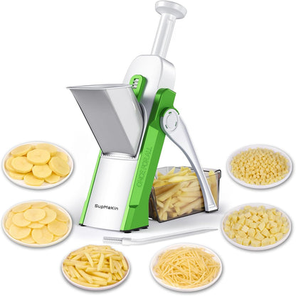 SupMaKin Safe Mandoline Slicer for Kitchen,Adjustable Potato Slicer 1-8 mm | 4 Modes Slice, Strips,Julienne Dicer,Vegetables Slicer Fry Food Cutter,Stainless Steel Blades, Foldable Dishwasher Safe,Gifts