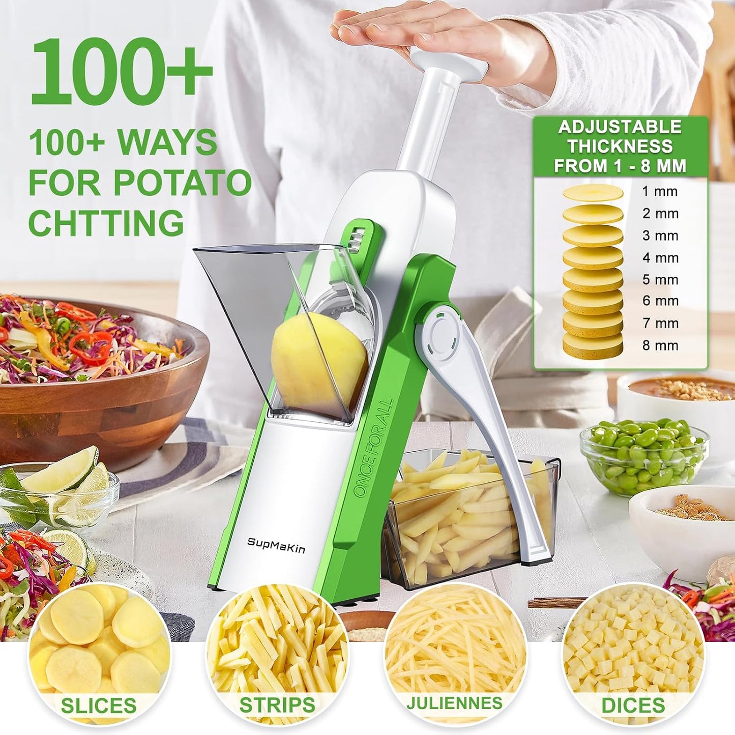 SupMaKin Safe Mandoline Slicer for Kitchen,Adjustable Potato Slicer 1-8 mm | 4 Modes Slice, Strips,Julienne Dicer,Vegetables Slicer Fry Food Cutter,Stainless Steel Blades, Foldable Dishwasher Safe,Gifts