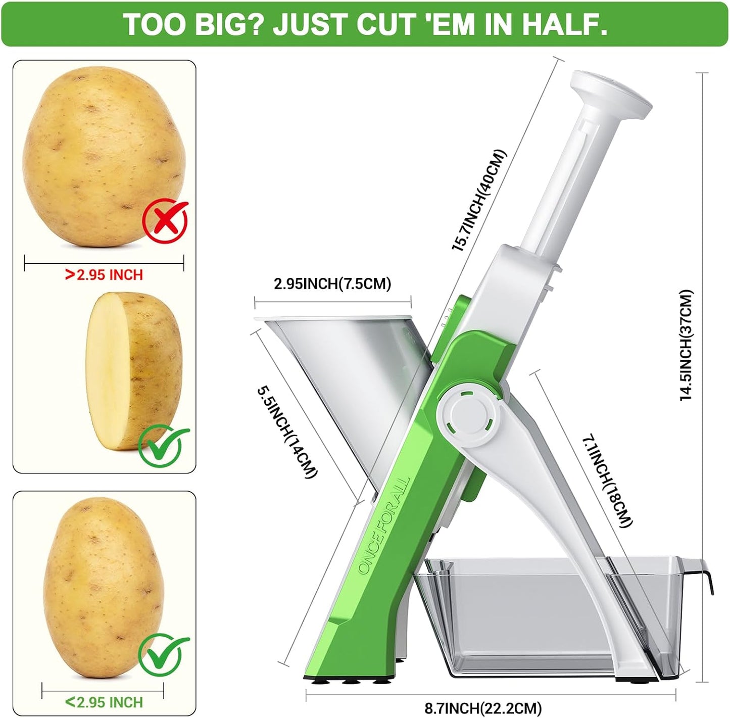 SupMaKin Safe Mandoline Slicer for Kitchen,Adjustable Potato Slicer 1-8 mm | 4 Modes Slice, Strips,Julienne Dicer,Vegetables Slicer Fry Food Cutter,Stainless Steel Blades, Foldable Dishwasher Safe,Gifts