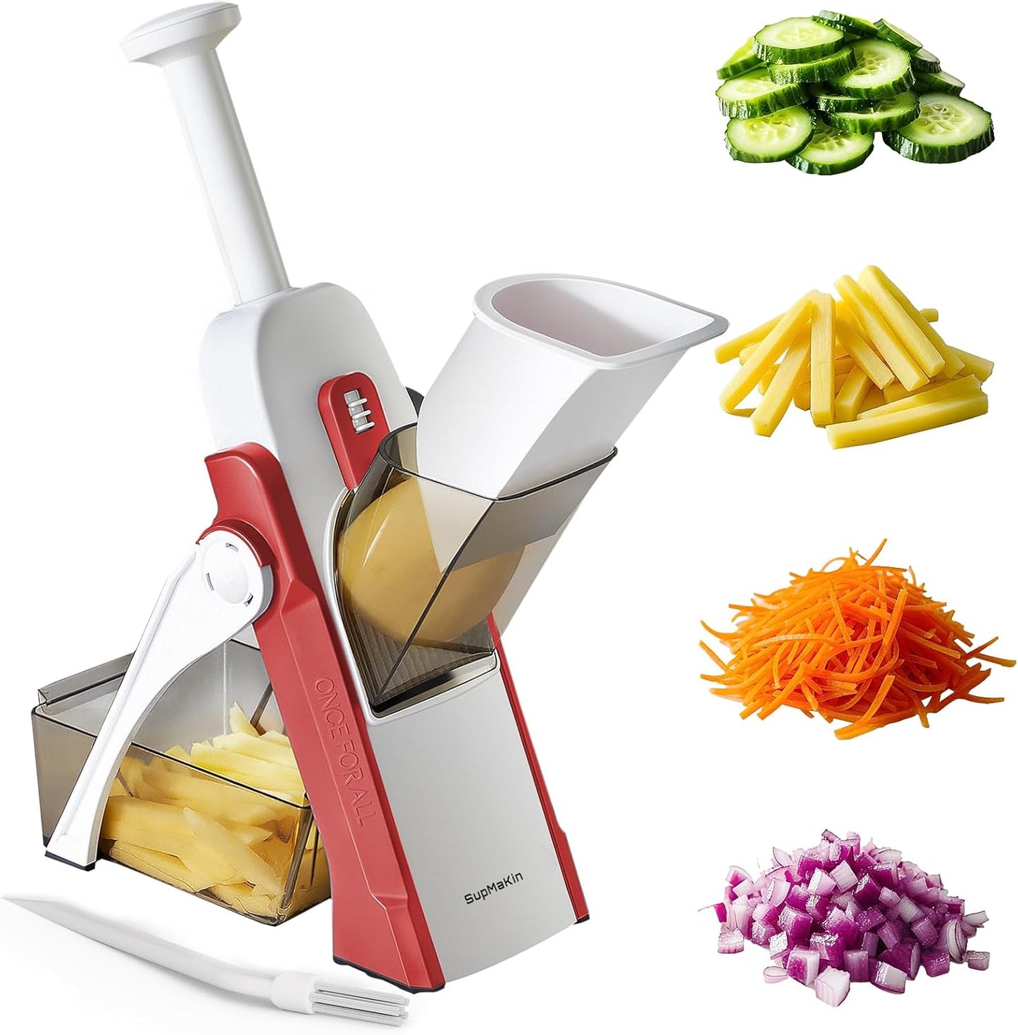 SupMaKin Safe Mandoline Slicer for Kitchen,Adjustable Potato Slicer 1-8 mm | 4 Modes Slice, Strips,Julienne Dicer,Vegetables Slicer Fry Food Cutter,Stainless Steel Blades, Foldable Dishwasher Safe,Gifts